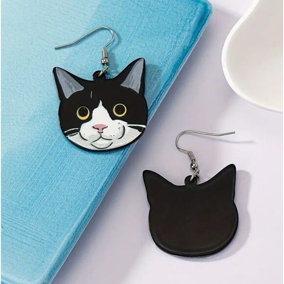 Cute Black White Cat Face Earrings 1.3 x 1.3 inches - Picture 3 of 7
